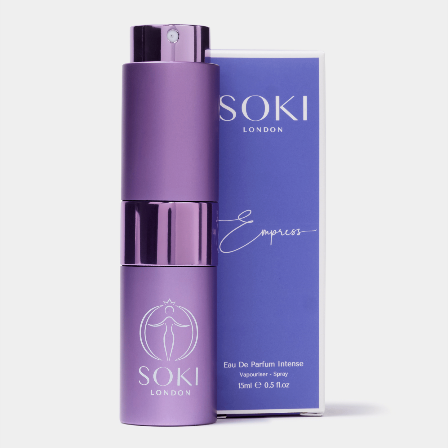 Purple SOKI London perfume bottle and packaging on a white background