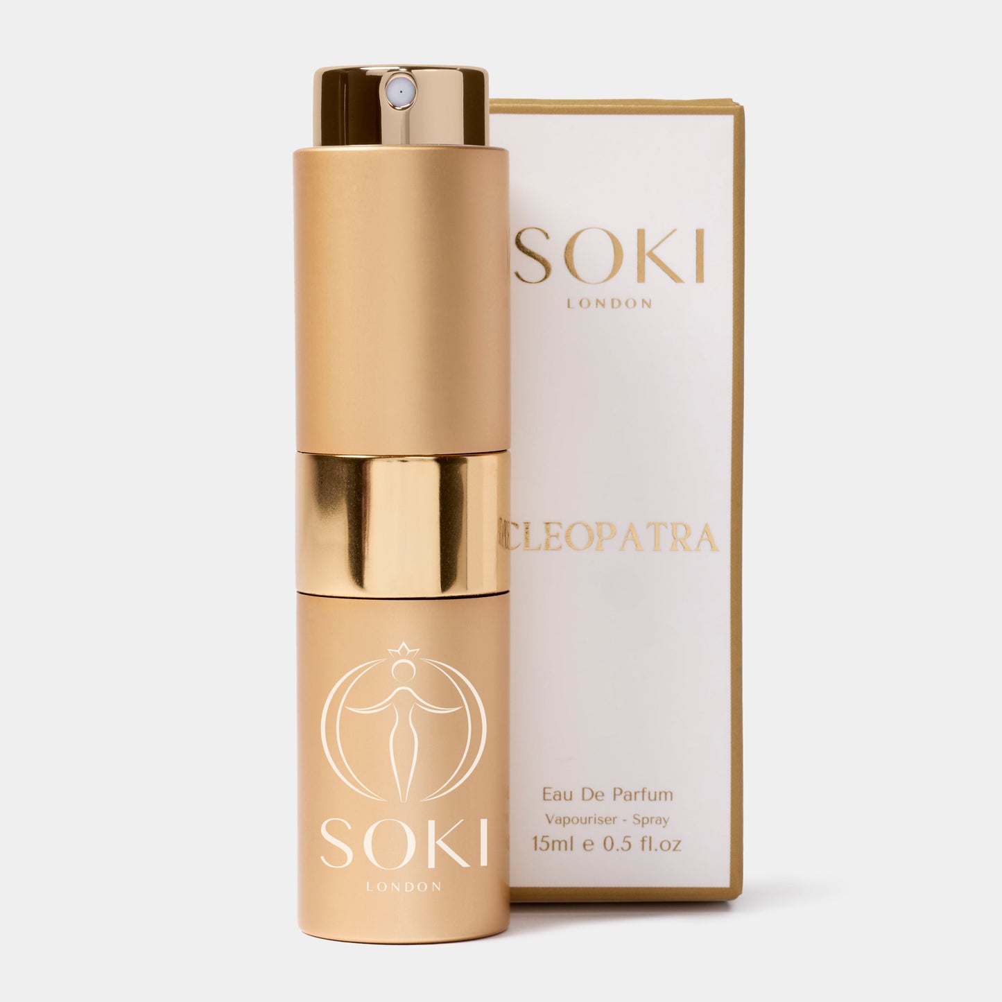 Gold SOKI London Cleopatra perfume bottle with packaging on a white background