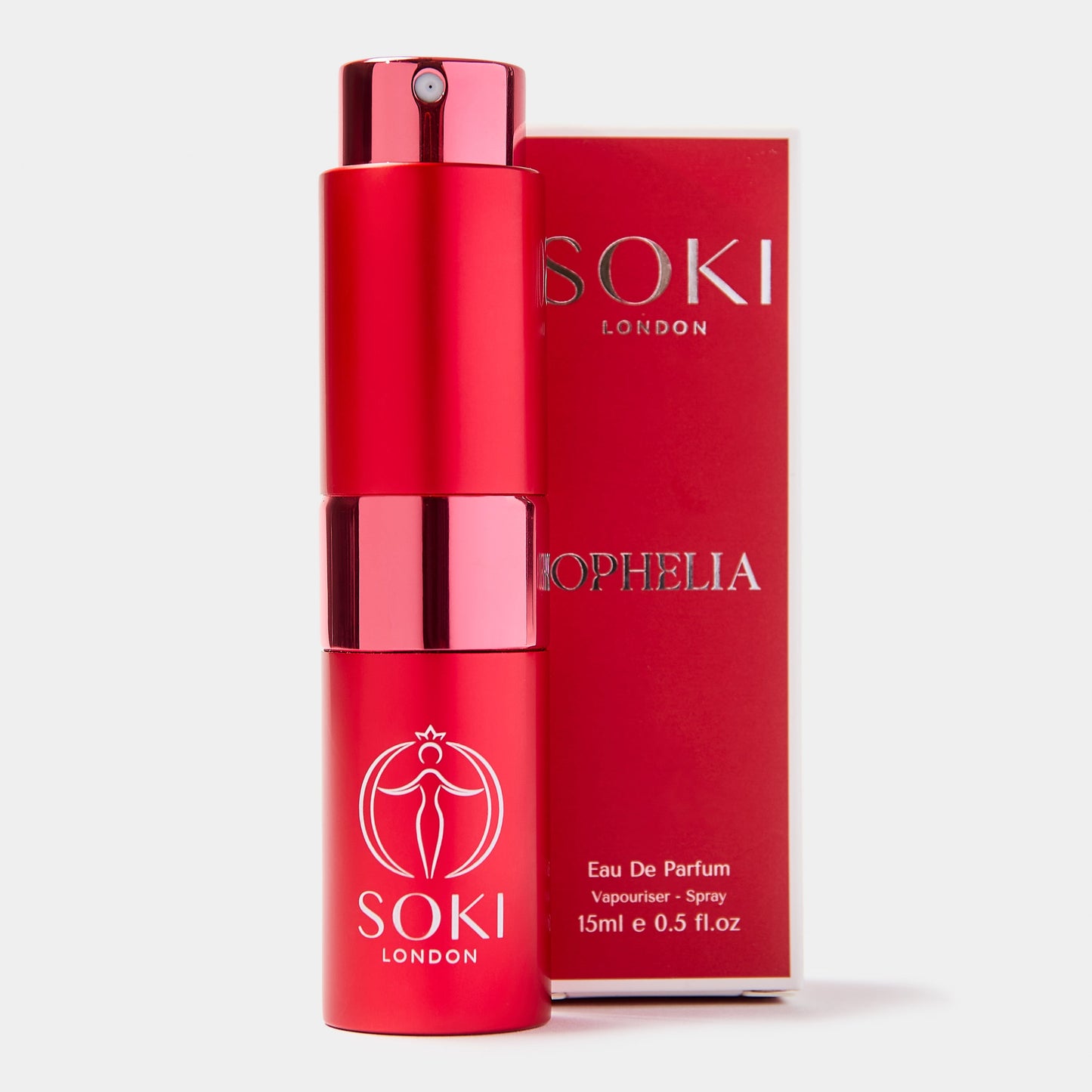 Red SOKI London perfume bottle and packaging on a white background