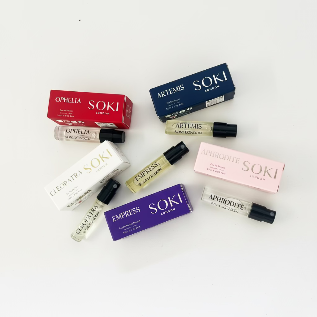 A collection of Soki fragrance sample vials and their corresponding boxes, displayed on a plain white surface. The set includes various scents in different packaging colors: white, red, blue, pink, and gold, with some vials showing clear liquid and others containing amber-colored fragrance oil.