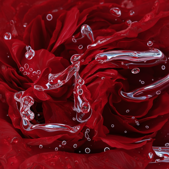 A close-up of a pink rose with water droplets and glossy water splashes across its petals.